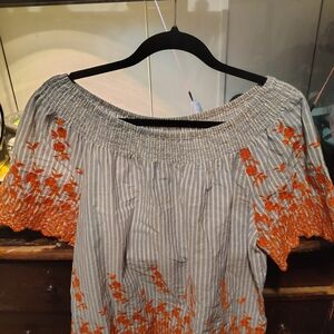 Fever Blue Striped Blouse with Orange Embroidery